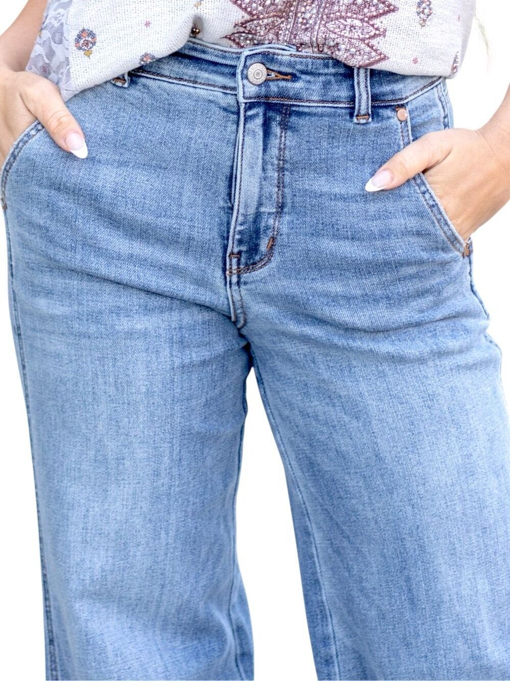 Judy Blue High Rise Retro Wide Leg Jeans Medium Sage Wash Raw Hem Stretch Denim - Picture 13 of 15